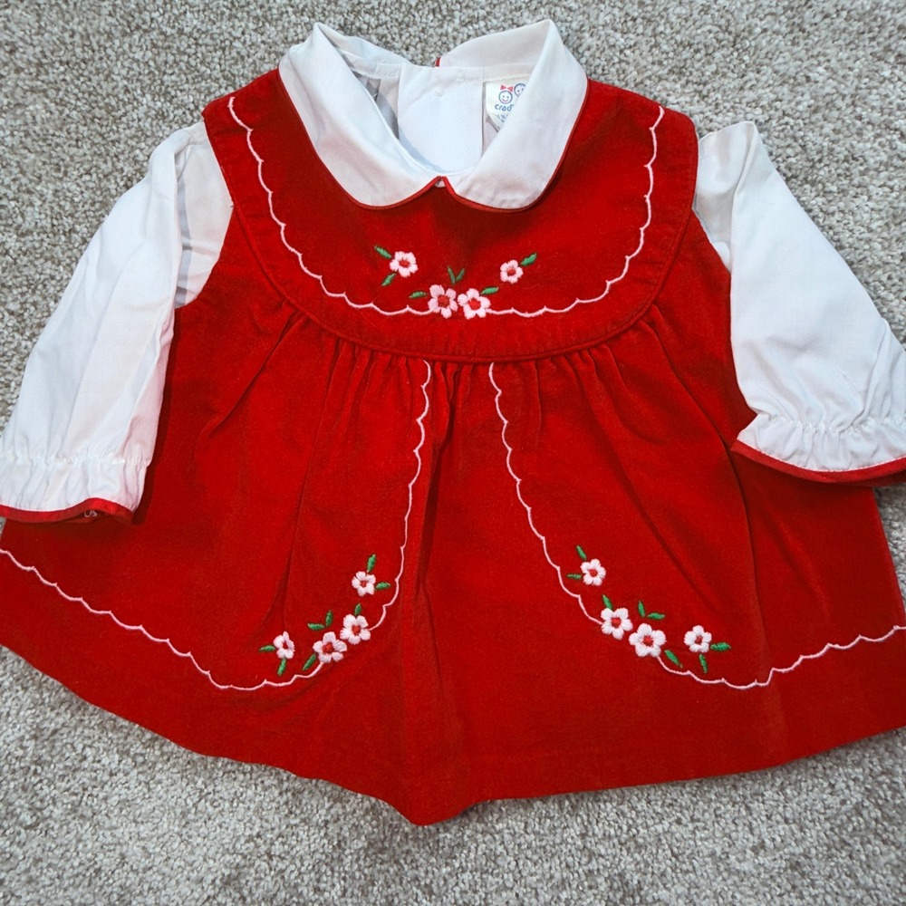 Cradle Togs Vintage Baby Girl Red Holiday Floral Embroidered Dress 12 Months